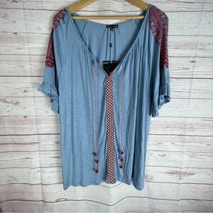 Rxb Faded Denim Tunic Sz 2X NWT Tassels Embroidered Blue Red Boho Ruffle Sleeve